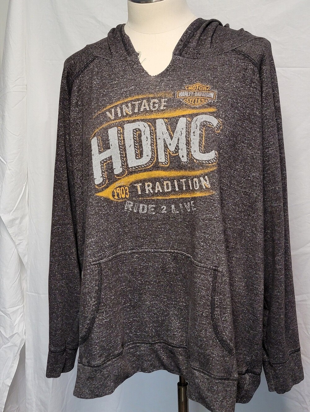 3X Harley-Davidson Gray Hoodie with Yellow Vintage HDMC Graphic